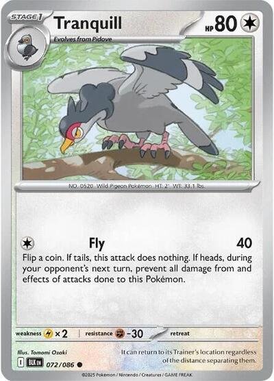 Pokémon card: Tranquill (Poke Ball Pattern) 072/086 from Black Bolt (Common), Colorless type, front of card