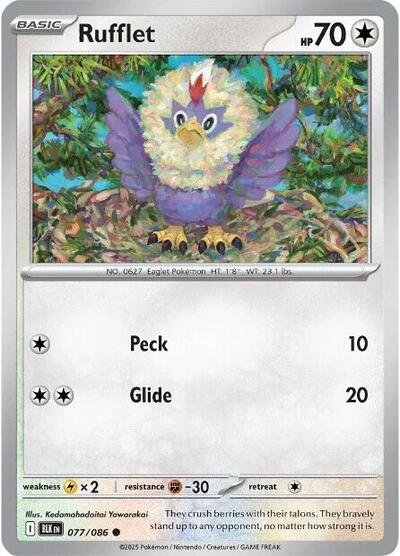 Pokémon card: Rufflet (Poke Ball Pattern) 077/086 from Black Bolt (Common), Colorless type, front of card