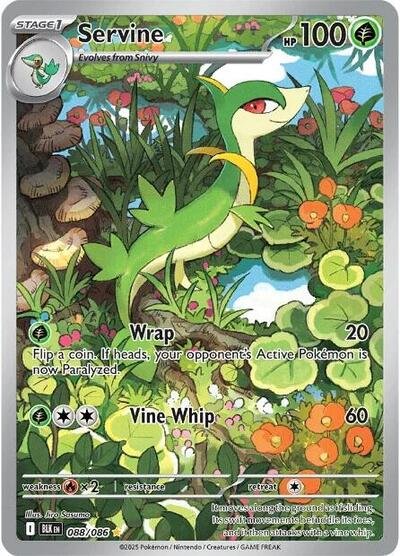 Pokémon card: Servine 088/086 from Black Bolt (Illustration Rare), Grass type, front of card