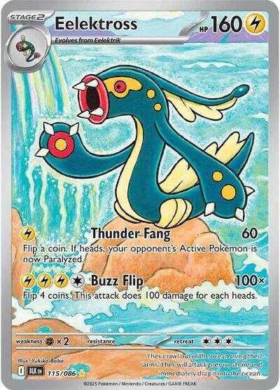 Pokémon card: Eelektross 115/086 from Black Bolt (Illustration Rare), Lightning type, front of card