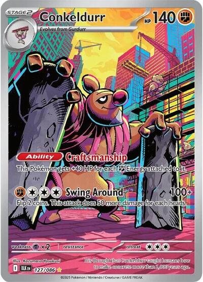 Pokémon card: Conkeldurr 127/086 from Black Bolt (Illustration Rare), Fighting type, front of card