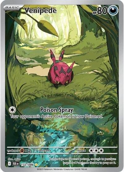 Pokémon card: Venipede 132/086 from Black Bolt (Illustration Rare), Darkness type, front of card