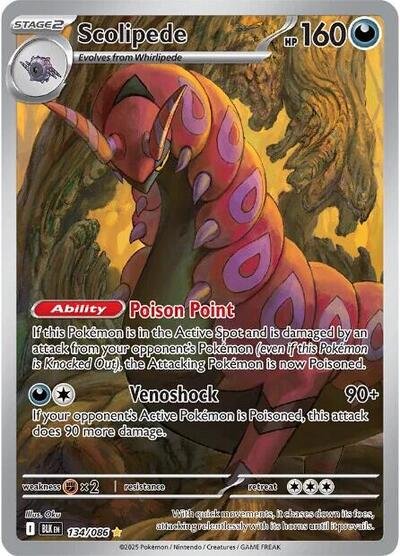 Pokémon card: Scolipede 134/086 from Black Bolt (Illustration Rare), Darkness type, front of card