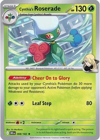 Pokémon card: Cynthia's Roserade 008/182 from Destined Rivals (Rare), Grass type, front of card