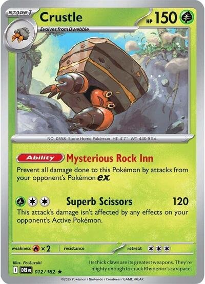 Pokémon card: Crustle 012/182 from Destined Rivals (Rare), Grass type, front of card