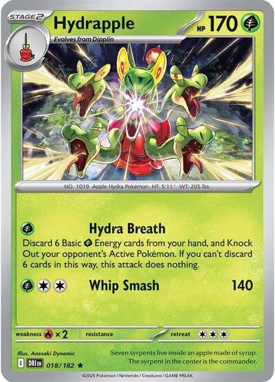 Pokémon card: Hydrapple 018/182 from Destined Rivals (Rare), Grass type, front of card