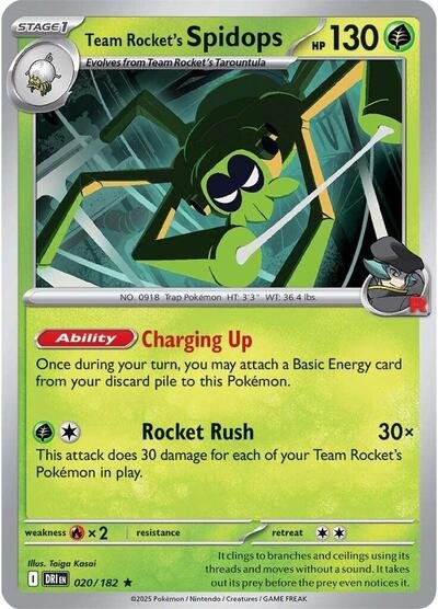 Pokémon card: Team Rocket's Spidops 020/182 from Destined Rivals (Rare), Grass type, front of card