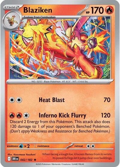 Pokémon card: Blaziken 042/182 from Destined Rivals (Rare), Fire type, front of card