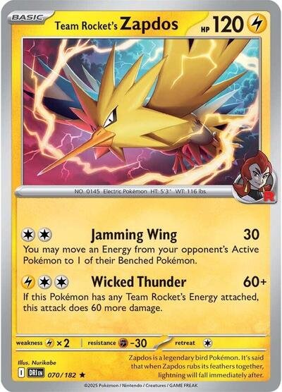 Pokémon card: Team Rocket's Zapdos 070/182 from Destined Rivals (Rare), Lightning type, front of card