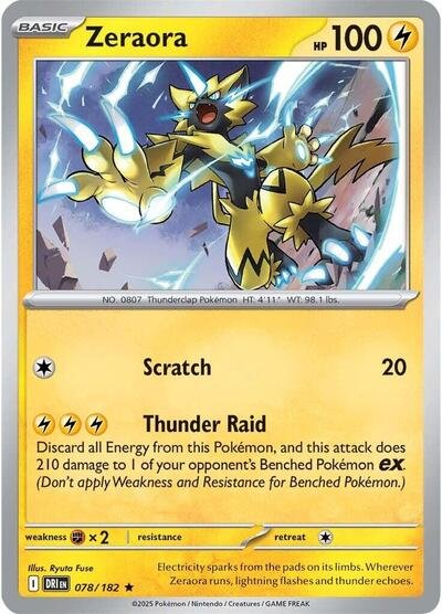 Pokémon card: Zeraora 078/182 from Destined Rivals (Rare), Lightning type, front of card