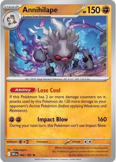 Pokémon card: Annihilape 092/182 from Destined Rivals (Rare), Fighting type, front of card