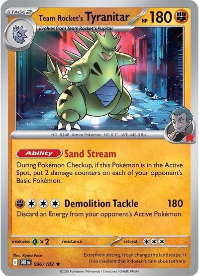 Pokémon card: Team Rocket's Tyranitar 096/182 from Destined Rivals (Rare), Fighting type, front of card