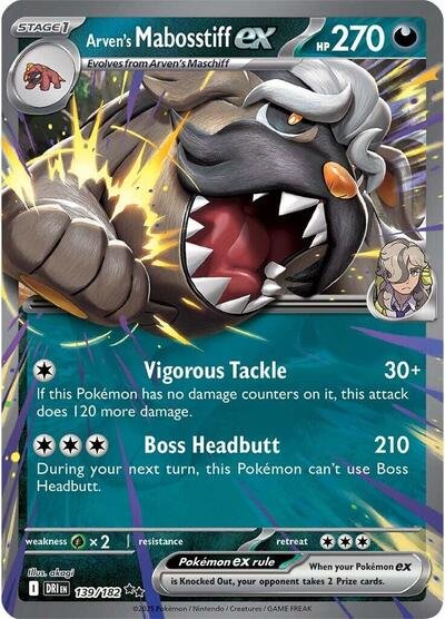 Pokémon card: Arven's Mabosstiff ex 139/182 from Destined Rivals (Double Rare), Darkness type, front of card