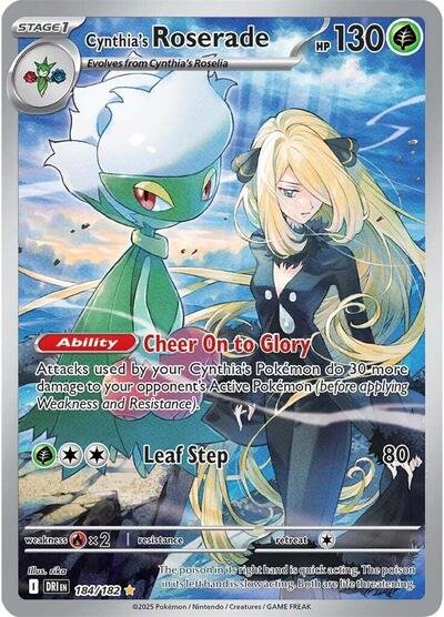 Pokémon card: Cynthia's Roserade 184/182 from Destined Rivals (Illustration Rare), Grass type, front of card