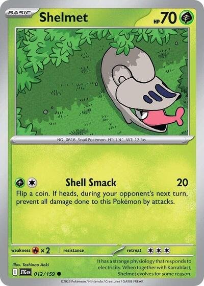 Pokémon card: Shelmet 012/159 from Journey Together (Common), Grass type, front of card