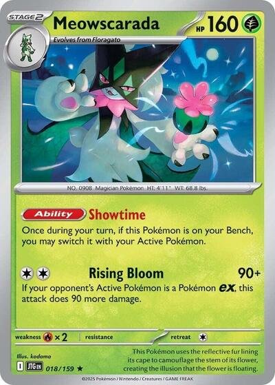 Pokémon card: Meowscarada 018/159 from Journey Together (Holo Rare), Grass type, front of card