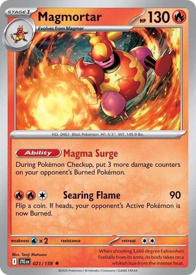 Pokémon card: Magmortar 021/159 from Journey Together (Rare), Fire type, front of card