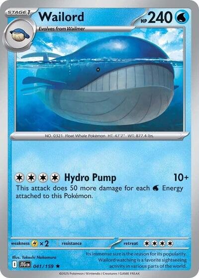 Pokémon card: Wailord 041/159 from Journey Together (Rare), Water type, front of card