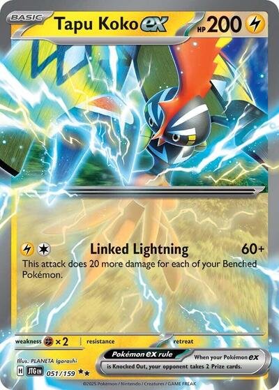 Pokémon card: Tapu Koko ex 051/159 from Journey Together (Double Rare), Lightning type, front of card