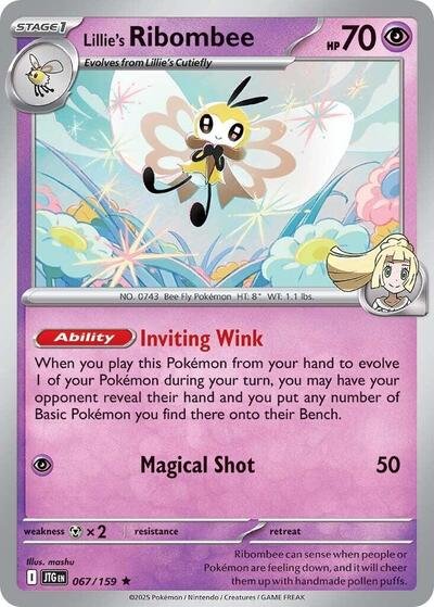Pokémon card: Lillie's Ribombee 067/159 from Journey Together (Rare), Psychic type, front of card