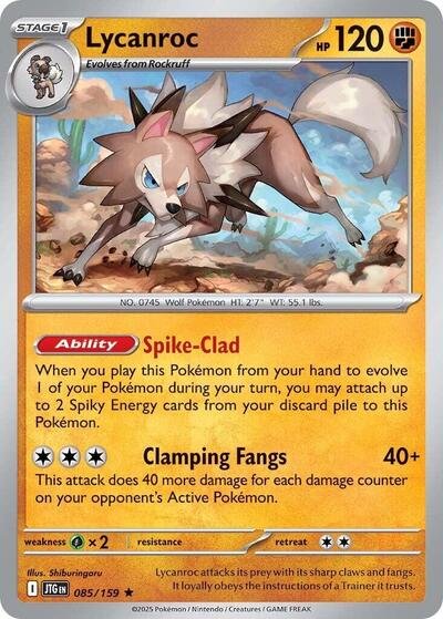Pokémon card: Lycanroc 085/159 from Journey Together (Holo Rare), Fighting type, front of card