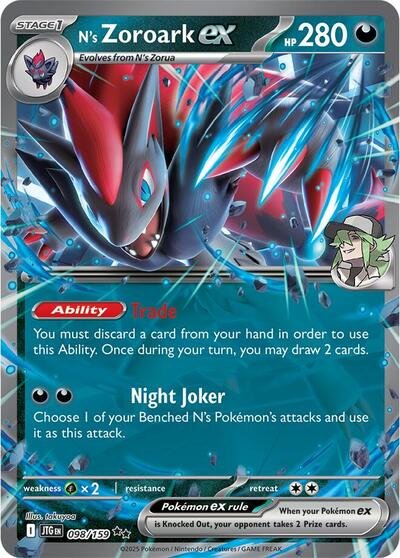 Pokémon card: N's Zoroark ex 098/159 from Journey Together (Double Rare), Darkness type, front of card