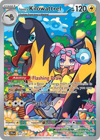 Pokémon card: Iono's Kilowattrel 163/159 from Journey Together (Illustration Rare), Lightning type, front of card