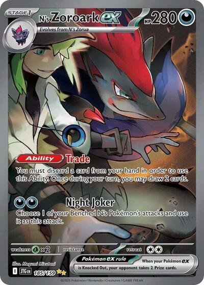 Pokémon card: N's Zoroark ex 185/159 from Journey Together (Special Illustration Rare), Darkness type, front of card