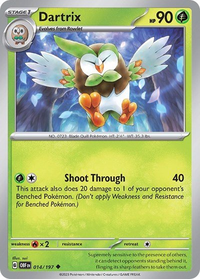 Pokémon card: Dartrix 014/197 from Obsidian Flames (Uncommon), Grass type, front of card