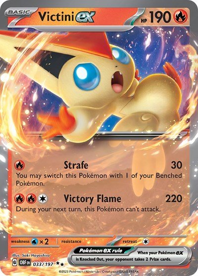 Pokémon card: Victini ex 033/197 from Obsidian Flames (Double Rare), Fire type, front of card