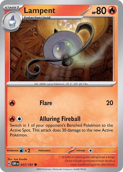 Pokémon card: Lampent 037/197 from Obsidian Flames (Common), Fire type, front of card