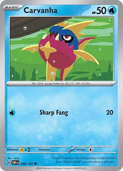 Pokémon card: Carvanha 046/197 from Obsidian Flames (Common), Water type, front of card