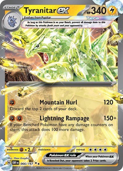 Pokémon card: Tyranitar ex 066/197 from Obsidian Flames (Double Rare), Lightning type, front of card