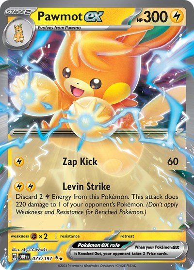 Pokémon card: Pawmot ex 073/197 from Obsidian Flames (Double Rare), Lightning type, front of card