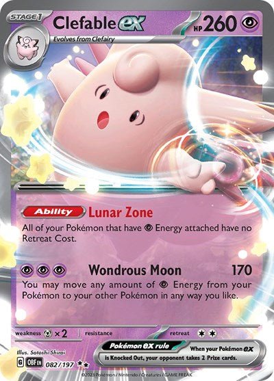 Pokémon card: Clefable ex 082/197 from Obsidian Flames (Double Rare), Psychic type, front of card