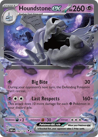 Pokémon card: Houndstone ex 102/197 from Obsidian Flames (Double Rare), Psychic type, front of card