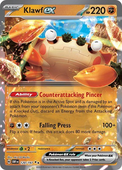 Pokémon card: Klawf ex 120/197 from Obsidian Flames (Double Rare), Fighting type, front of card