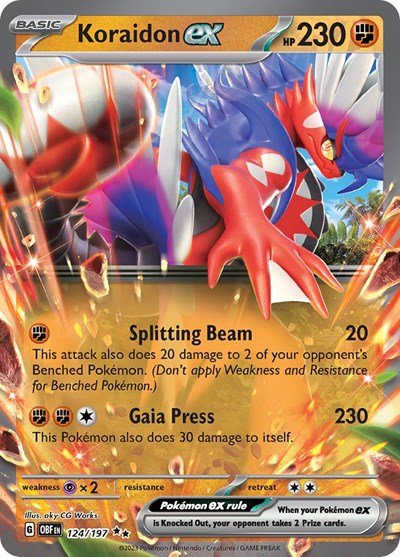 Pokémon card: Koraidon ex 124/197 from Obsidian Flames (Double Rare), Fighting type, front of card
