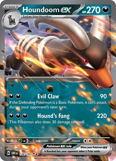 Pokémon card: Houndoom ex 134/197 from Obsidian Flames (Double Rare), Darkness type, front of card