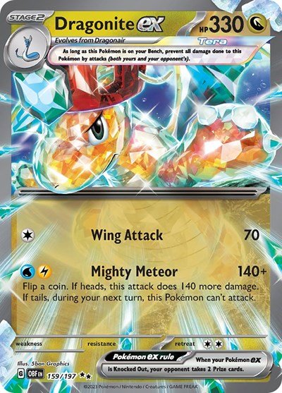 Pokémon card: Dragonite ex 159/197 from Obsidian Flames (Double Rare), Dragon type, front of card
