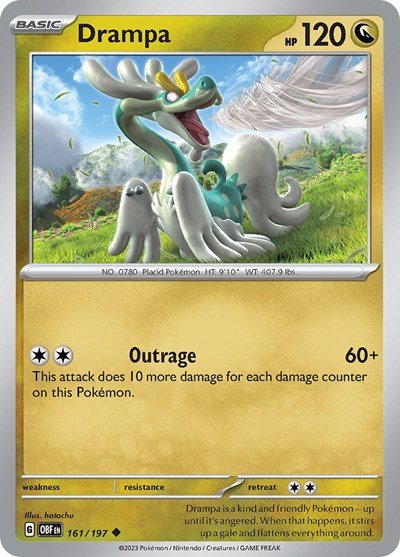Pokémon card: Drampa 161/197 from Obsidian Flames (Uncommon), Dragon type, front of card