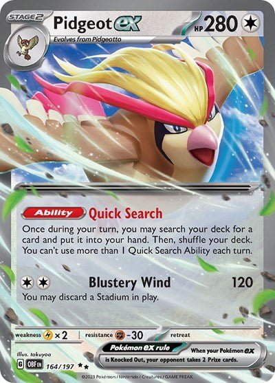 Pokémon card: Pidgeot ex 164/197 from Obsidian Flames (Double Rare), Colorless type, front of card