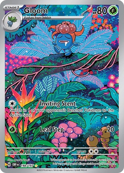 Pokémon card: Gloom 198/197 from Obsidian Flames (Illustration Rare), Grass type, front of card