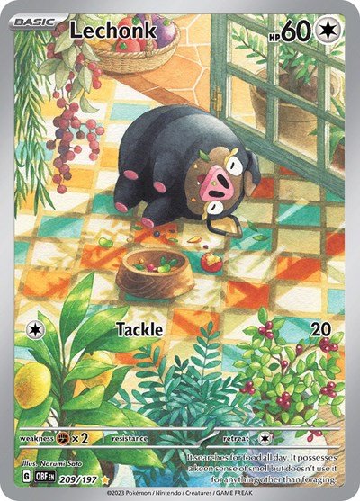 Pokémon card: Lechonk 209/197 from Obsidian Flames (Illustration Rare), Colorless type, front of card