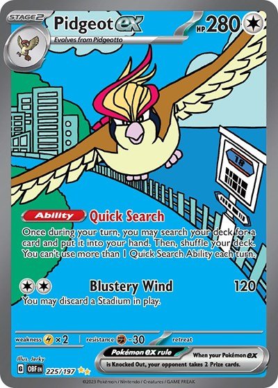 Pokémon card: Pidgeot ex 225/197 from Obsidian Flames (Special Illustration Rare), Colorless type, front of card