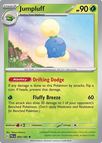 Pokémon card: Jumpluff 003/193 from Paldea Evolved (Rare), Grass type, front of card