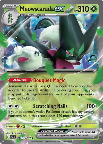 Pokémon card: Meowscarada ex 015/193 from Paldea Evolved (Double Rare), Grass type, front of card