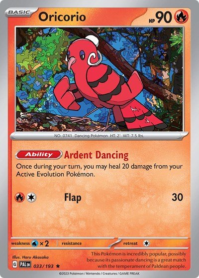 Pokémon card: Oricorio 033/193 from Paldea Evolved (Rare), Fire type, front of card