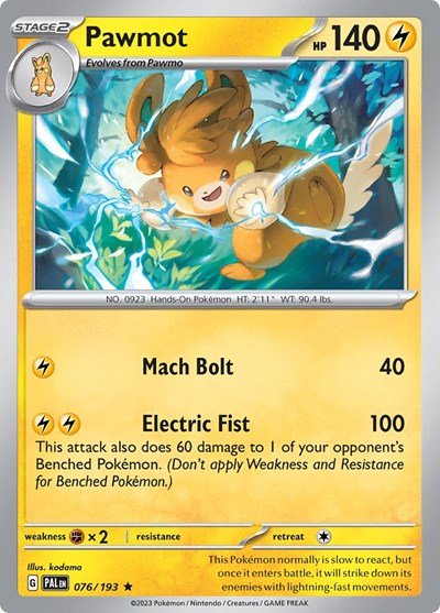 Pokémon card: Pawmot 076/193 from Paldea Evolved (Rare), Lightning type, front of card