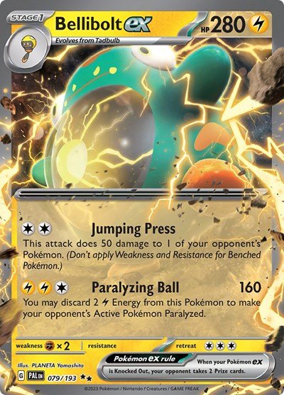 Pokémon card: Bellibolt ex 079/193 from Paldea Evolved (Double Rare), Lightning type, front of card